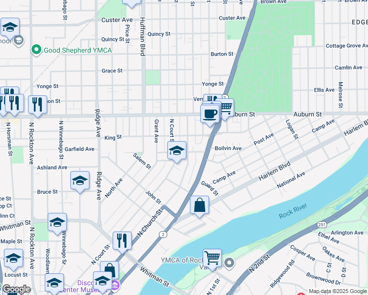 map of restaurants, bars, coffee shops, grocery stores, and more near 1308 North Church Street in Rockford