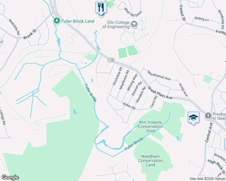 map of restaurants, bars, coffee shops, grocery stores, and more near 80 Stockdale Road in Needham