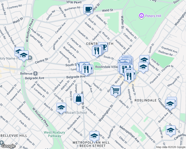 map of restaurants, bars, coffee shops, grocery stores, and more near 133 Belgrade Avenue in Boston