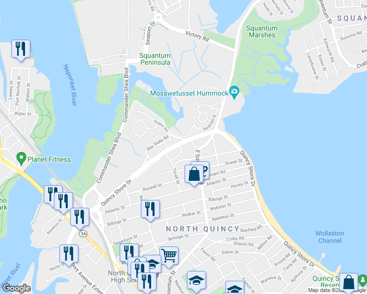 map of restaurants, bars, coffee shops, grocery stores, and more near 105 Alstead Street in Quincy