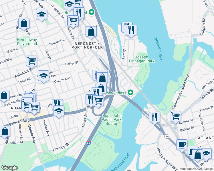 map of restaurants, bars, coffee shops, grocery stores, and more near 398 Neponset Avenue in Boston