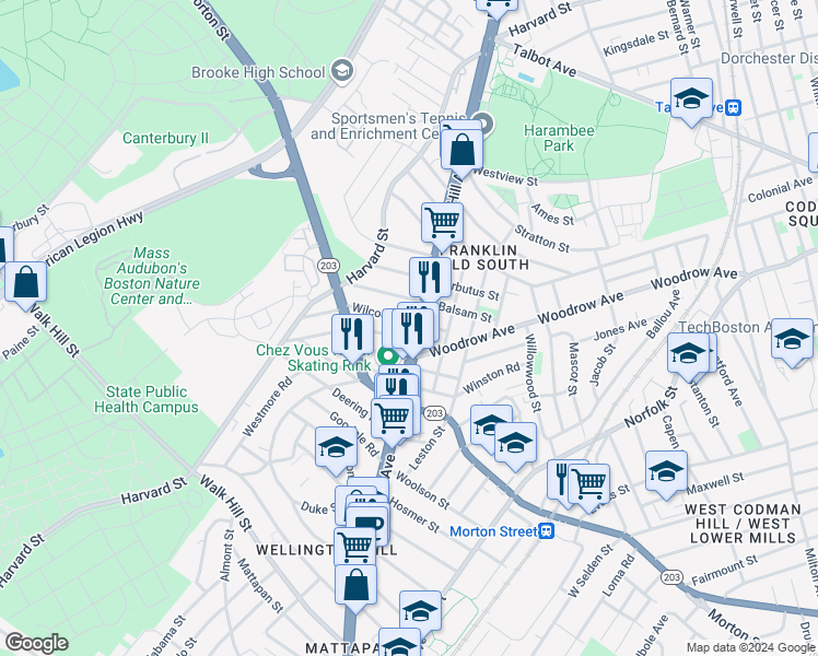 map of restaurants, bars, coffee shops, grocery stores, and more near 1111 Massachusetts 28 in Boston