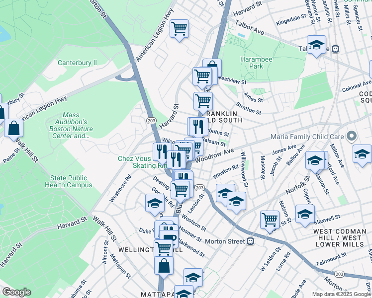 map of restaurants, bars, coffee shops, grocery stores, and more near 1111 Massachusetts 28 in Boston