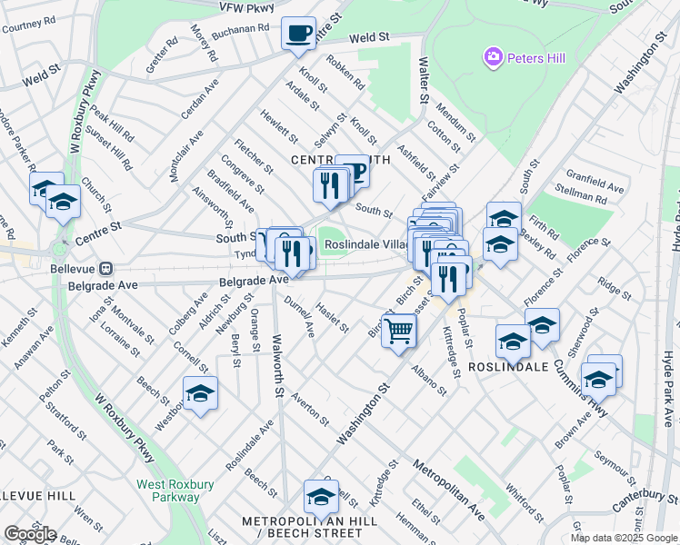 map of restaurants, bars, coffee shops, grocery stores, and more near 103 Belgrade Avenue in Boston