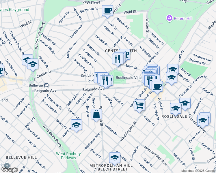map of restaurants, bars, coffee shops, grocery stores, and more near 133 Belgrade Avenue in Boston