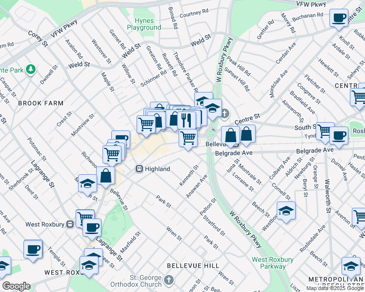 map of restaurants, bars, coffee shops, grocery stores, and more near 1720 Centre Street in Boston