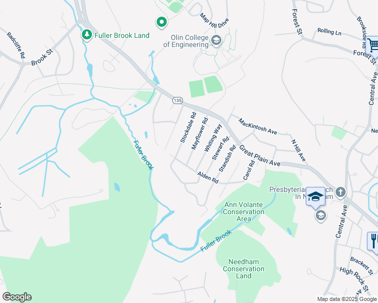 map of restaurants, bars, coffee shops, grocery stores, and more near 80 Stockdale Road in Needham