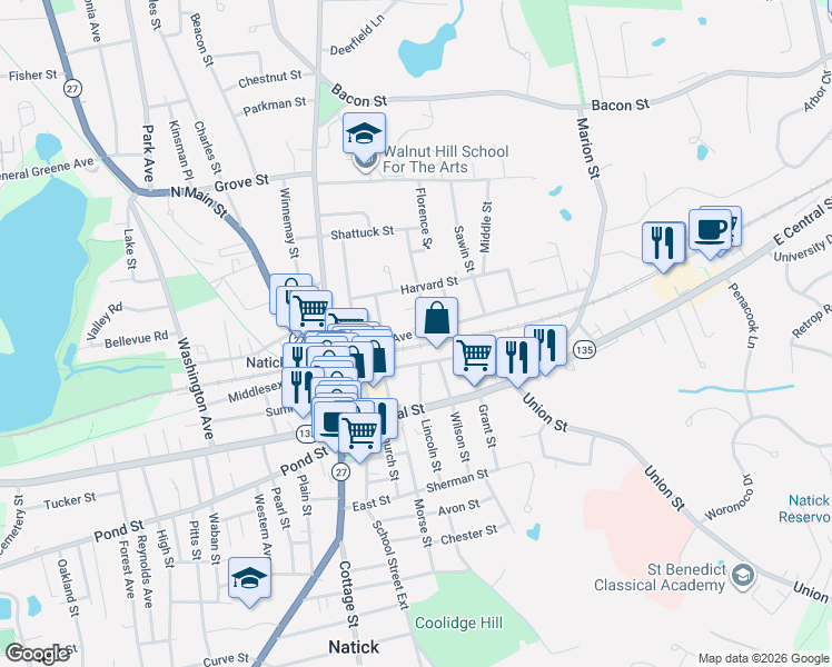 map of restaurants, bars, coffee shops, grocery stores, and more near 56 North Avenue in Natick