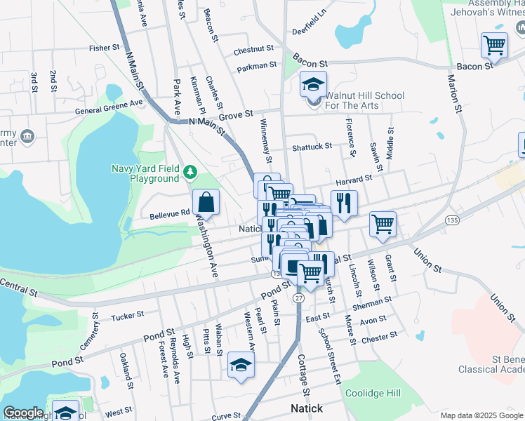 map of restaurants, bars, coffee shops, grocery stores, and more near 25 North Main Street in Natick
