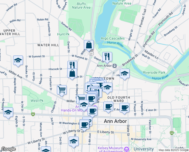 map of restaurants, bars, coffee shops, grocery stores, and more near 632 North 4th Avenue in Ann Arbor