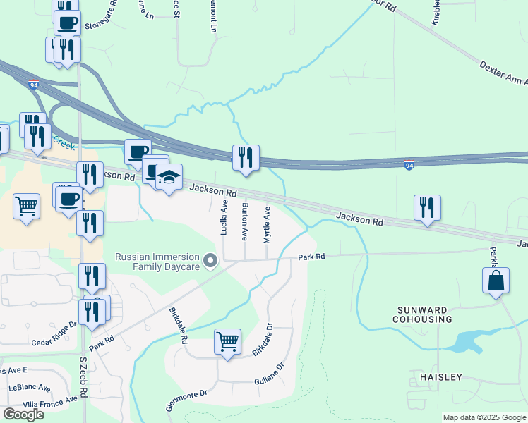 map of restaurants, bars, coffee shops, grocery stores, and more near 30 Myrtle Avenue in Ann Arbor