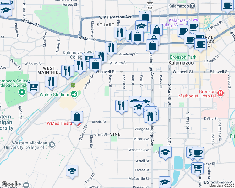 map of restaurants, bars, coffee shops, grocery stores, and more near 816 West Walnut Street in Kalamazoo