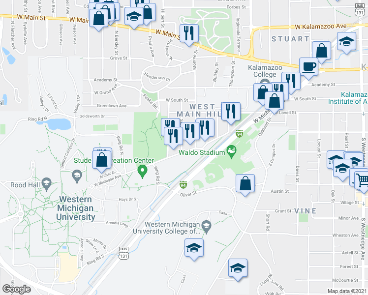 map of restaurants, bars, coffee shops, grocery stores, and more near 1420 West Michigan Avenue in Kalamazoo