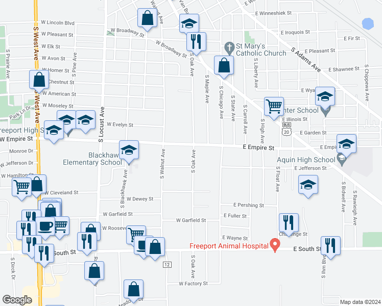 map of restaurants, bars, coffee shops, grocery stores, and more near 1314 South Oak Avenue in Freeport