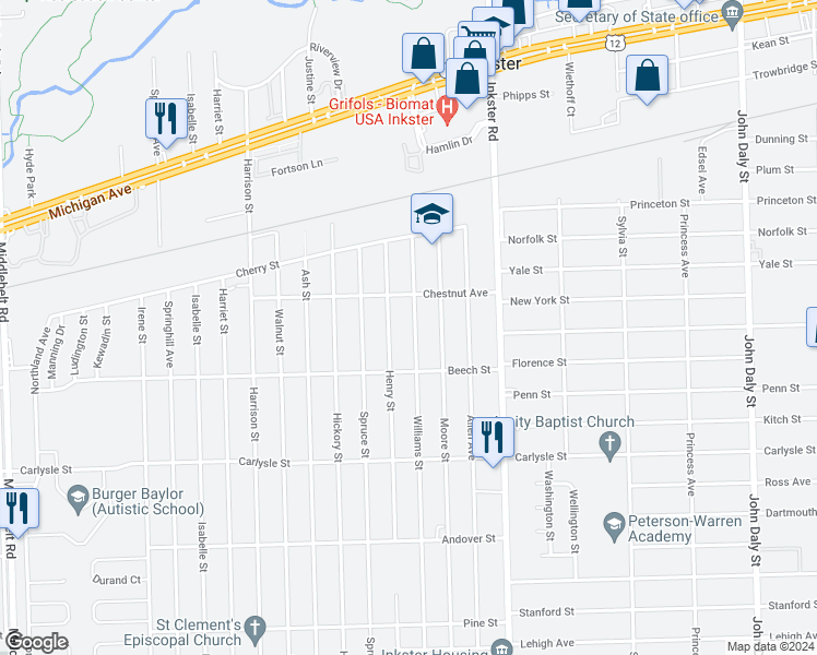 map of restaurants, bars, coffee shops, grocery stores, and more near 3262 Williams Street in Inkster