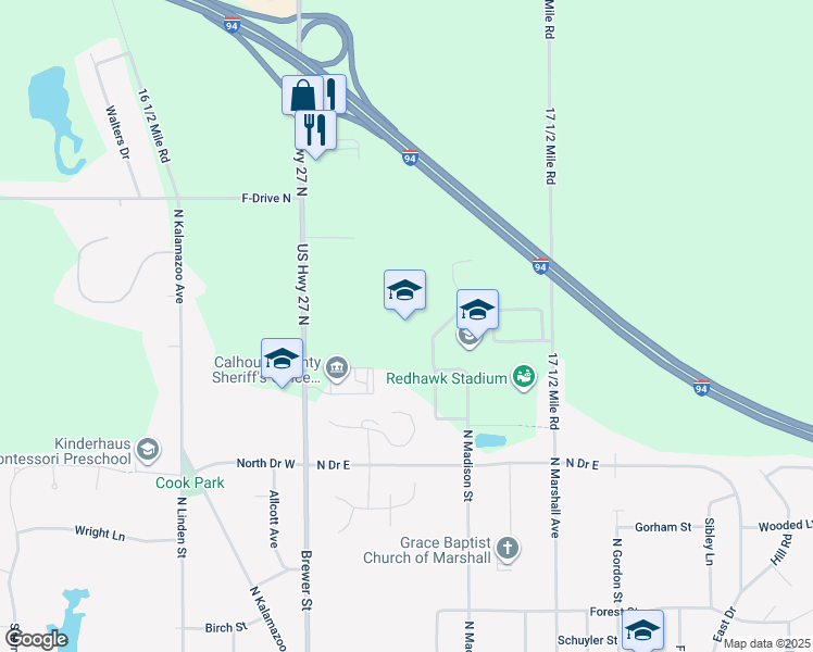 map of restaurants, bars, coffee shops, grocery stores, and more near 705 North Marshall Avenue in Marshall