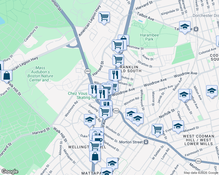 map of restaurants, bars, coffee shops, grocery stores, and more near 1111 Blue Hill Avenue in Boston