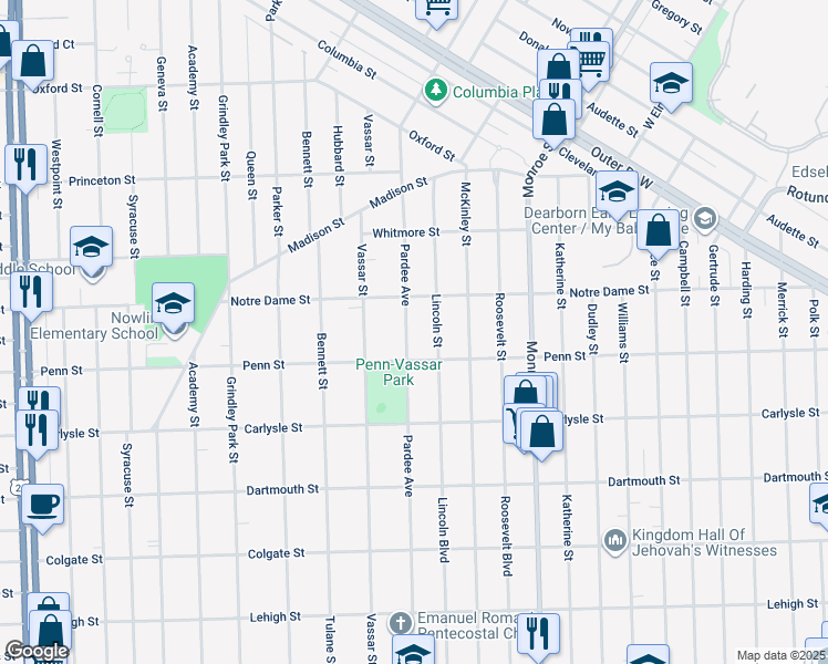 map of restaurants, bars, coffee shops, grocery stores, and more near 3405 Pardee Avenue in Dearborn