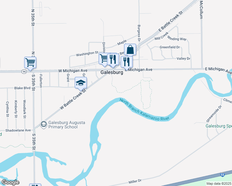 map of restaurants, bars, coffee shops, grocery stores, and more near Mill Street in Galesburg