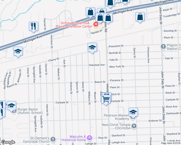 map of restaurants, bars, coffee shops, grocery stores, and more near 3269 Williams St in Inkster