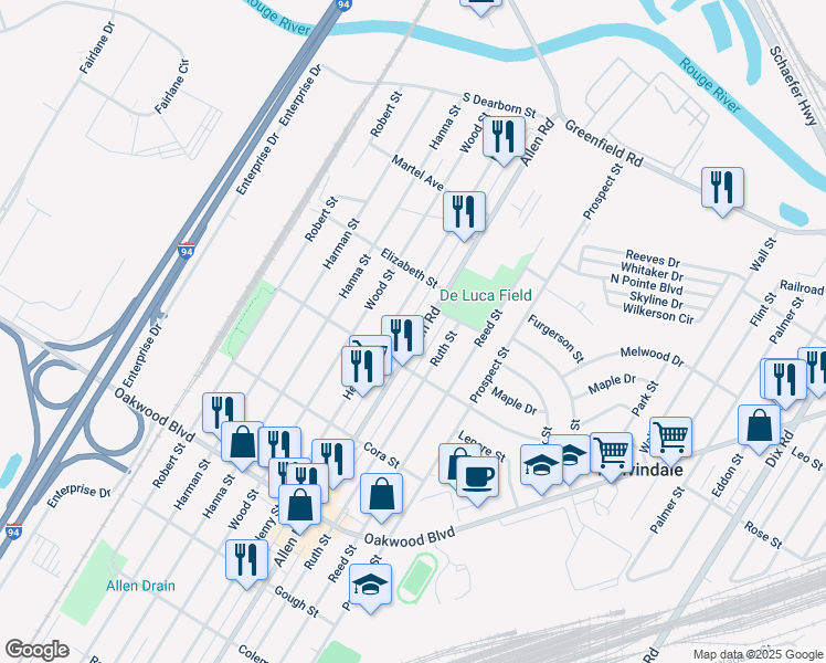 map of restaurants, bars, coffee shops, grocery stores, and more near 17705 Allen Road in Melvindale