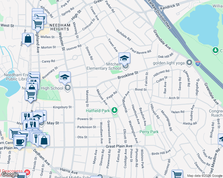 map of restaurants, bars, coffee shops, grocery stores, and more near 12 Upland Road in Needham