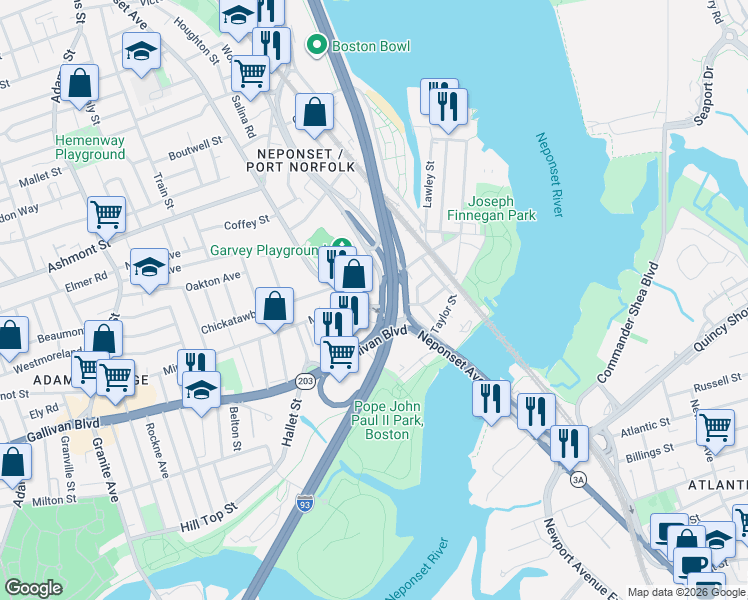 map of restaurants, bars, coffee shops, grocery stores, and more near 410 Neponset Avenue in Boston