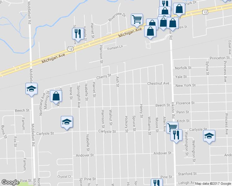 map of restaurants, bars, coffee shops, grocery stores, and more near 3262 Ash Street in Inkster