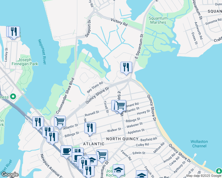map of restaurants, bars, coffee shops, grocery stores, and more near 105 Alstead Street in Quincy
