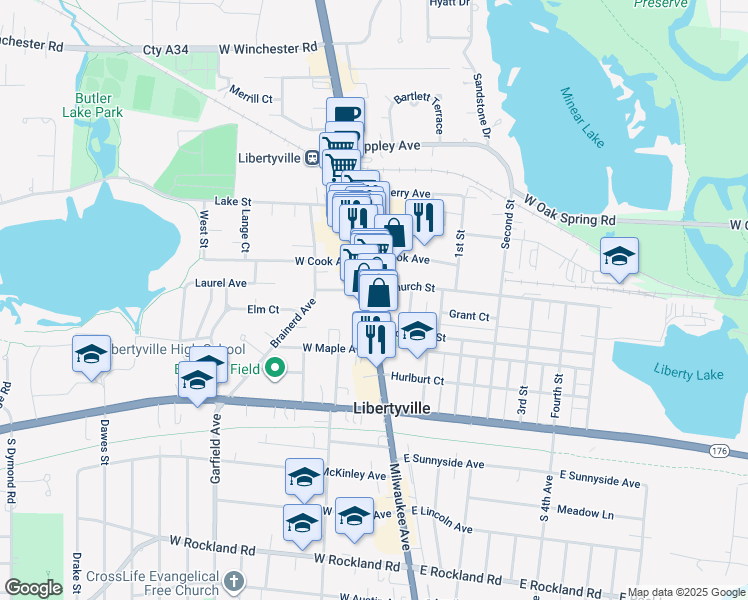 map of restaurants, bars, coffee shops, grocery stores, and more near 350 Illinois 21 in Libertyville