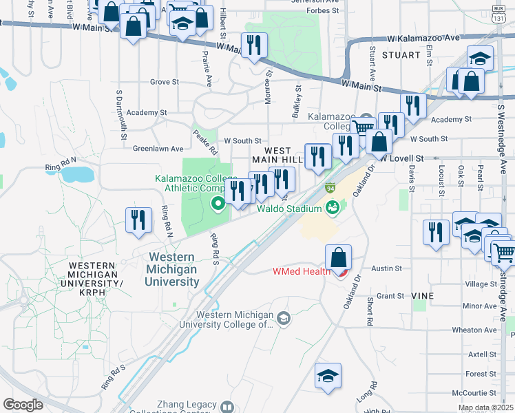 map of restaurants, bars, coffee shops, grocery stores, and more near 1420 West Michigan Avenue in Kalamazoo