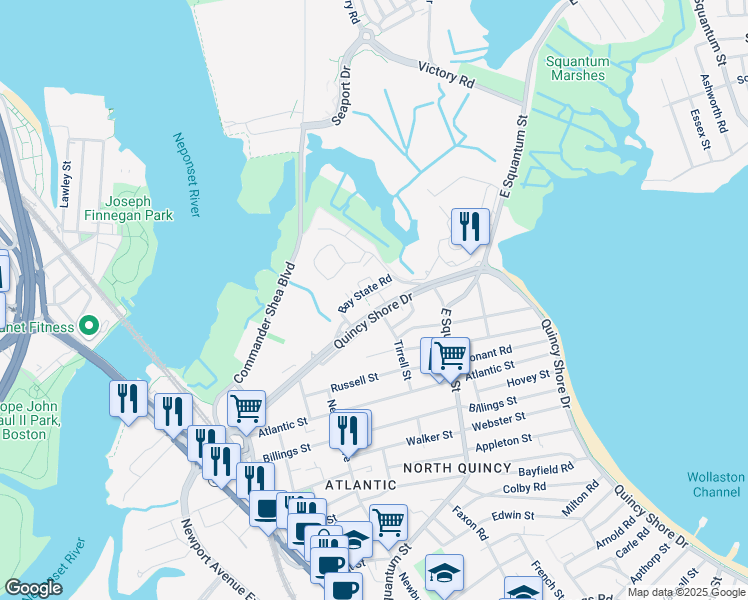 map of restaurants, bars, coffee shops, grocery stores, and more near 220 Quincy Shore Drive in Quincy
