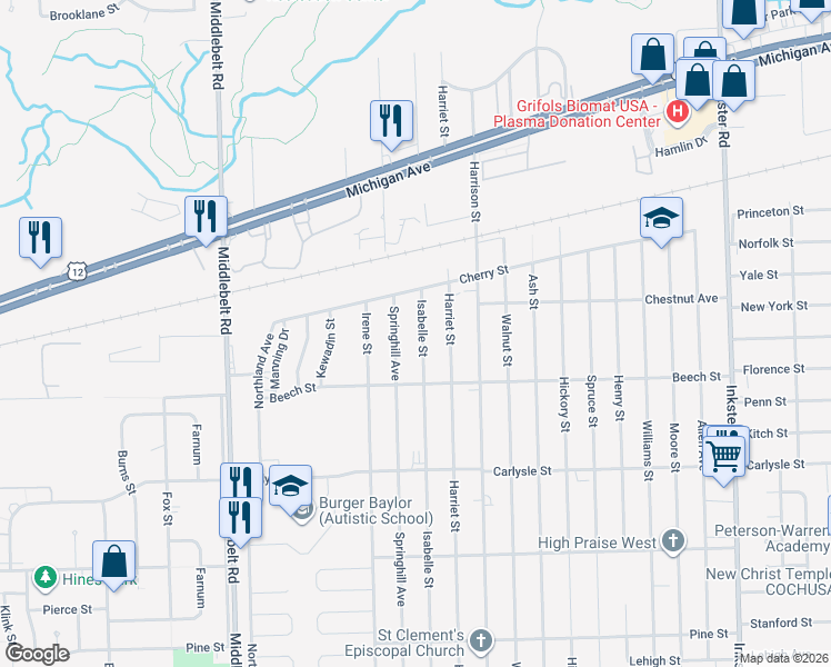map of restaurants, bars, coffee shops, grocery stores, and more near 3252 Isabelle Street in Inkster