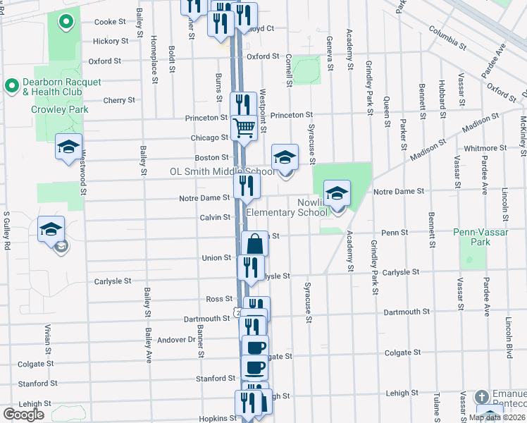 map of restaurants, bars, coffee shops, grocery stores, and more near 3346 Westpoint Street in Dearborn