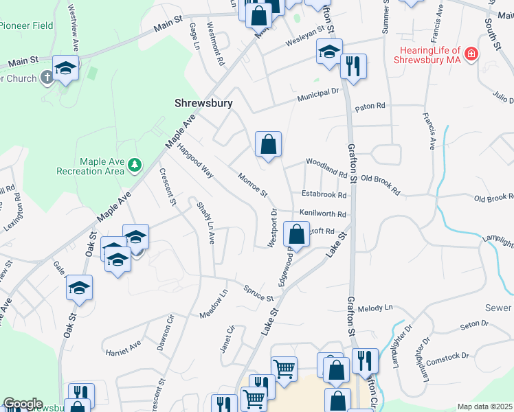 map of restaurants, bars, coffee shops, grocery stores, and more near 45 Hapgood Way in Shrewsbury