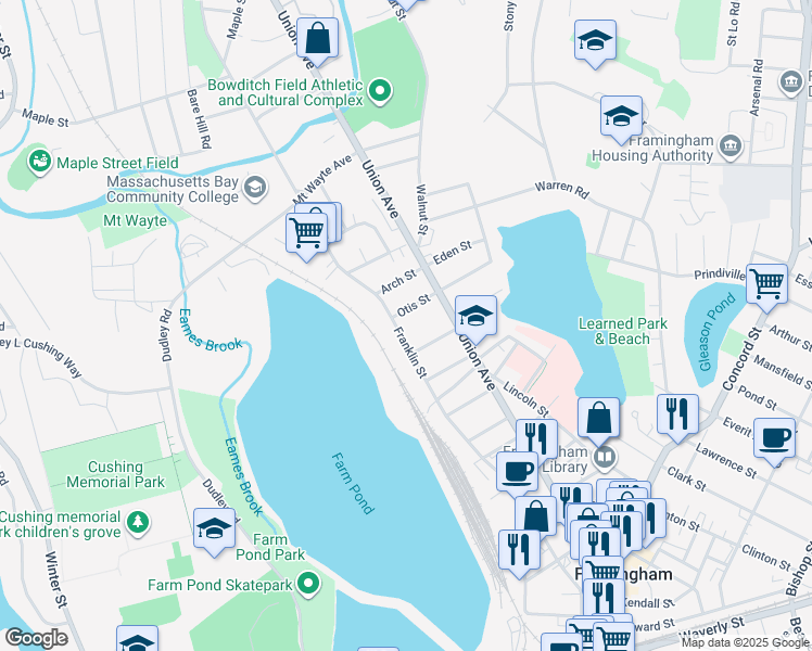 map of restaurants, bars, coffee shops, grocery stores, and more near 342 Franklin Street in Framingham