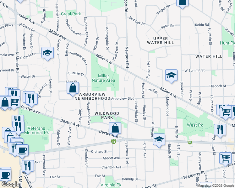 map of restaurants, bars, coffee shops, grocery stores, and more near 1522 Arborview Boulevard in Ann Arbor