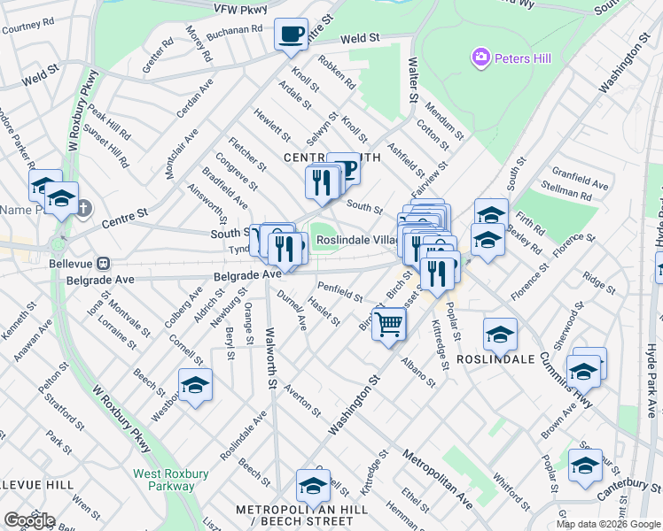 map of restaurants, bars, coffee shops, grocery stores, and more near 103 Belgrade Avenue in Boston