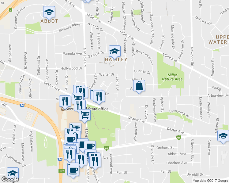 map of restaurants, bars, coffee shops, grocery stores, and more near 2208 Faye Drive in Ann Arbor
