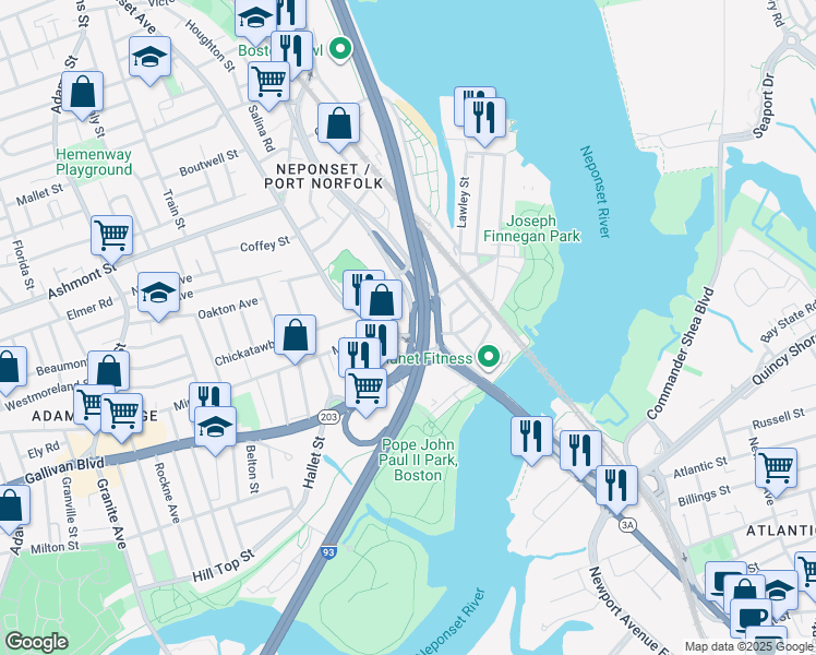 map of restaurants, bars, coffee shops, grocery stores, and more near 2 Redfield Street in Boston