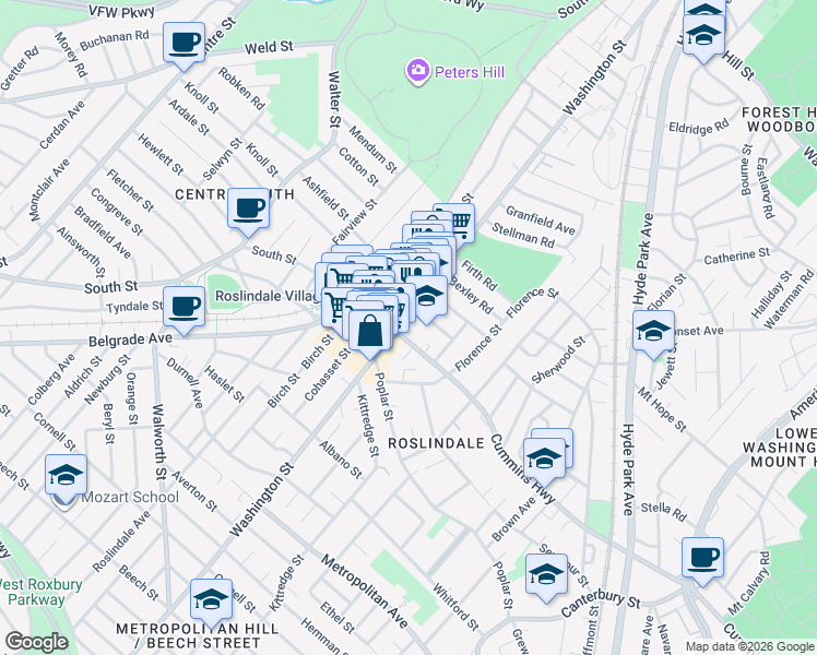 map of restaurants, bars, coffee shops, grocery stores, and more near 4210 Washington Street in Boston