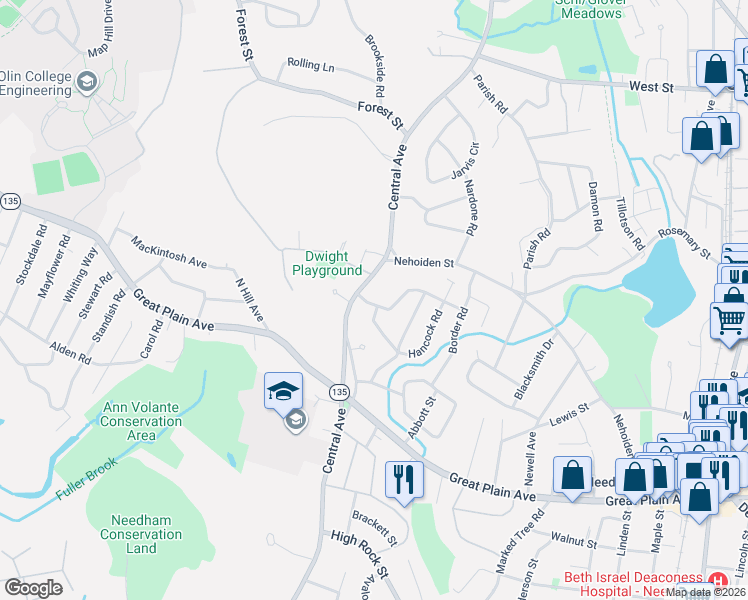 map of restaurants, bars, coffee shops, grocery stores, and more near 18 Meetinghouse Circle in Needham