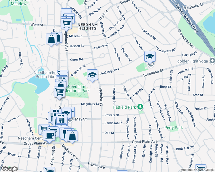 map of restaurants, bars, coffee shops, grocery stores, and more near 340 Brookline Street in Needham