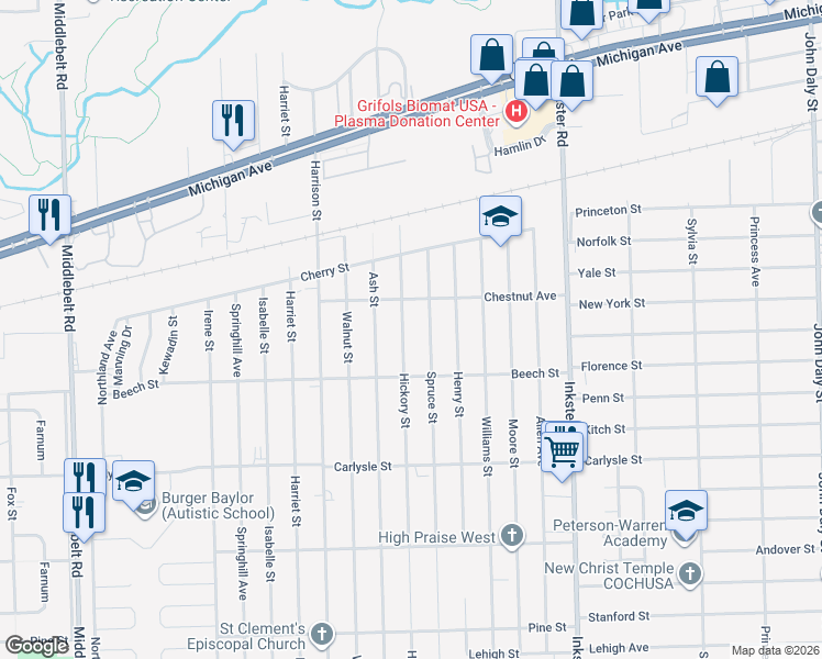 map of restaurants, bars, coffee shops, grocery stores, and more near 3259 Hickory St in Inkster