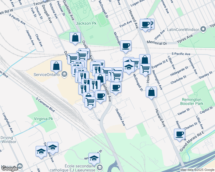 map of restaurants, bars, coffee shops, grocery stores, and more near 2 Eugenie Street East in Windsor