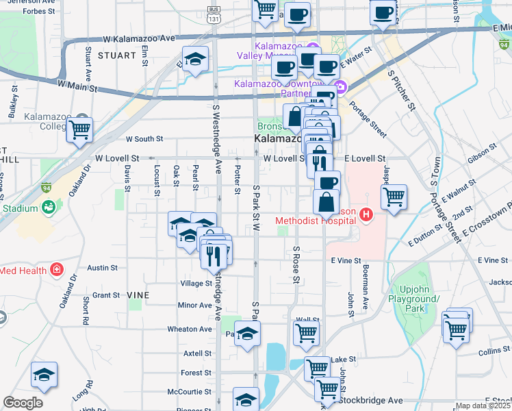 map of restaurants, bars, coffee shops, grocery stores, and more near 557 South Park Street West in Kalamazoo