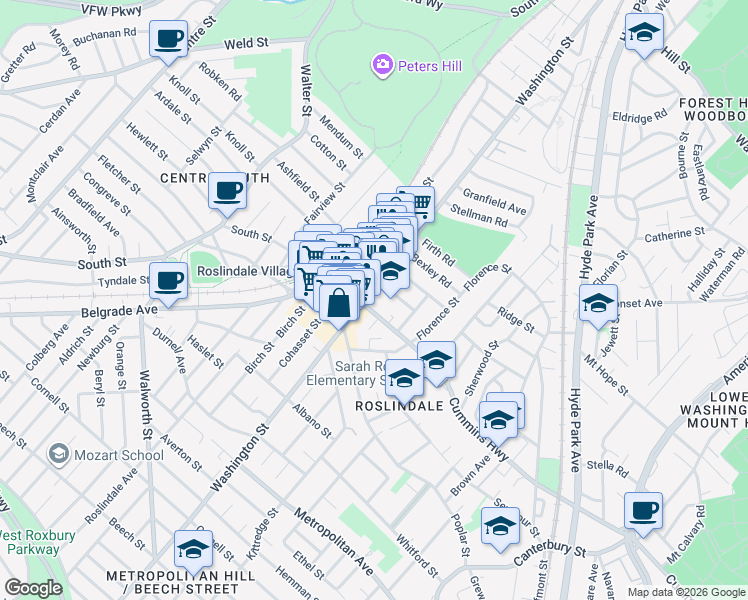 map of restaurants, bars, coffee shops, grocery stores, and more near 4210 Washington Street in Boston