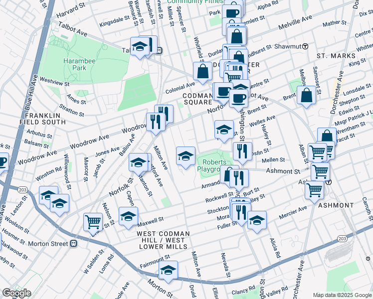map of restaurants, bars, coffee shops, grocery stores, and more near 48 Peacevale Road in Boston