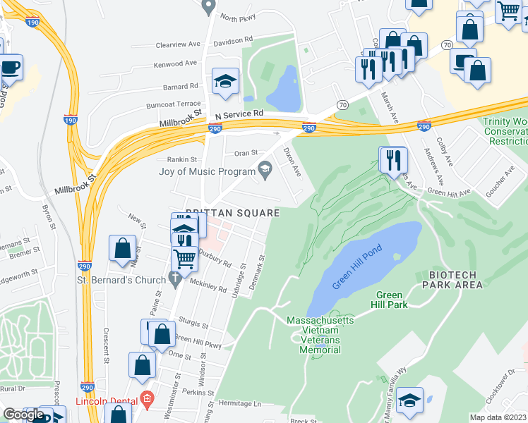 map of restaurants, bars, coffee shops, grocery stores, and more near 31 Shaffner Street in Worcester