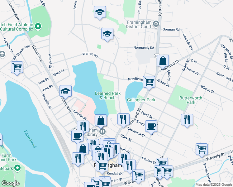 map of restaurants, bars, coffee shops, grocery stores, and more near 104 Dennison Avenue in Framingham